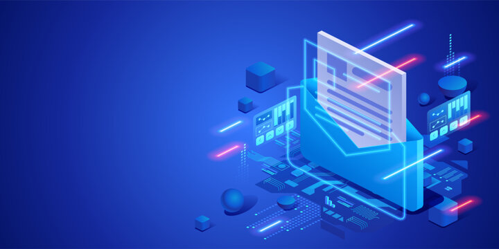 Electronic communication technology concept with digital message interface and data network. Futuristic isometric neon illustration online messaging, corporate communication and global connectivity.