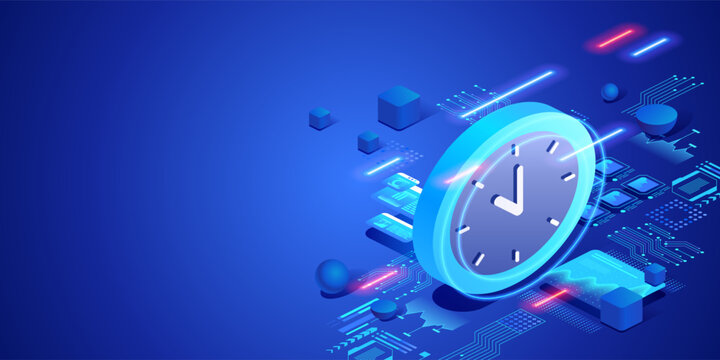 Time management and productivity concept with digital clock and data interface. Futuristic isometric neon illustration scheduling, efficiency, workflow organization and business planning.