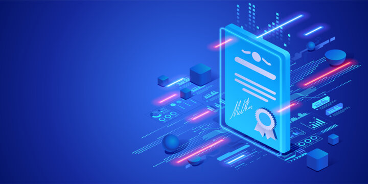 Professional growth and career development concept with digital certificate interface. Futuristic neon isometric illustration achievement, education, skills improvement and business success.