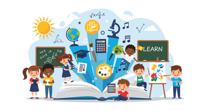 Vibrant illustration of diverse children engaged in various educational activities, surrounded by symbols of learning and creativity, emerging from an open book.