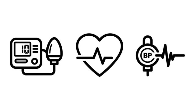 Blood pressure monitoring and heart health care icons with pressure wellness measurement diagnosis healthcare equipment cardiology heartbeat clinical hospital technology monitoring