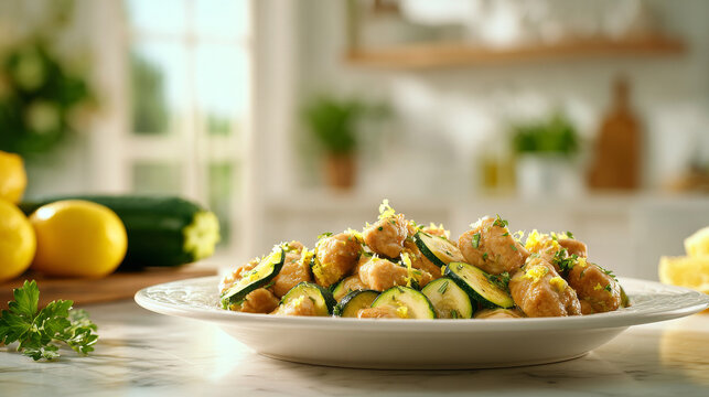 tender golden chicken and turkey bites, lightly glazed with lemon sauce, visible fresh lemon zest on top, sprinkled with chopped parsley. 