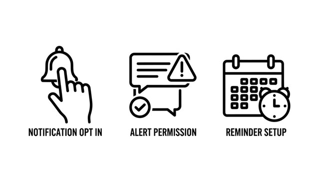 User interface icons for notification opt-in and reminder alerts with opt in notification reminder settings permission interface calendar management software scheduling communication