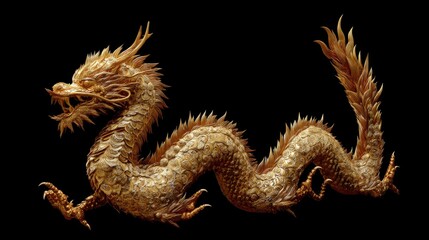Fototapeta premium Golden dragon isolated on black background. Traditional Chinese dragon sculpture representing power and good fortune. Mythical creature symbol used for New Year celebration and culture.