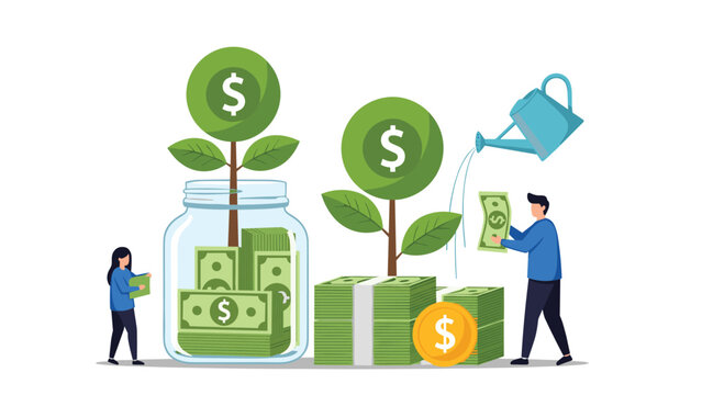 Financial growth and investment concepts show people watering money trees growing from jars and stacks of cash.
