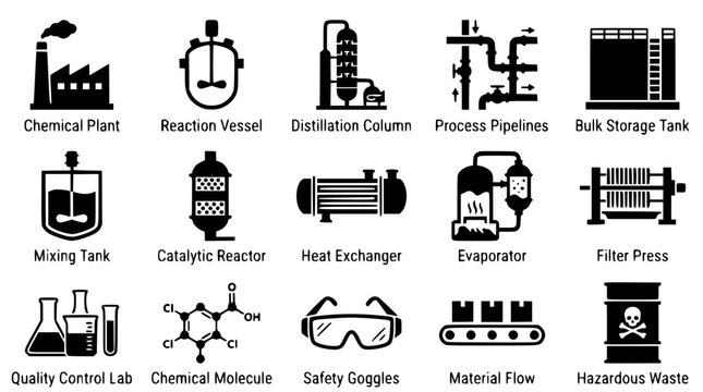 Industrial chemical plant equipment and process vector illustration set