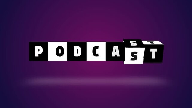 Podcast text word block turning black white letter cube spin slow motion animation. violet background. 3D. 3D rendering, Stamp or Seal neon glow with shadow intro outro signs isolated on alpha channel