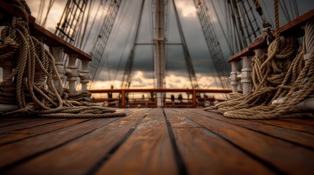 Wooden deck of old sailing ship with ropes and rigging. View from deck of tall ship during sunset. Concept of nautical adventure, maritime travel, vintage transport and exploration.