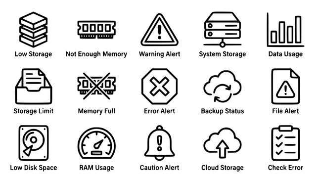 Vector icons for computer storage and memory alerts illustrated