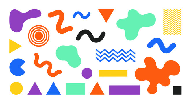 Colorful abstract geometric shapes and memphis design elements collection