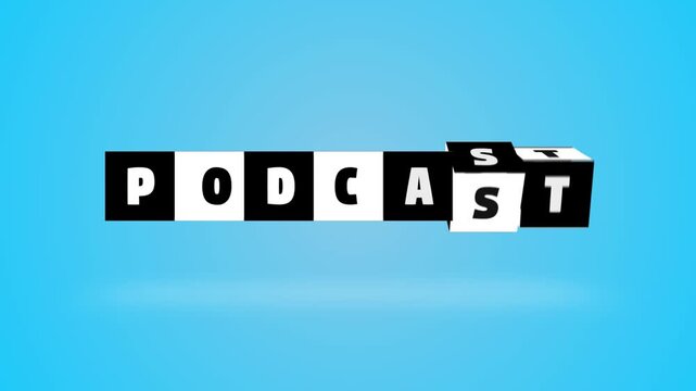 Podcast text word block turning black white letter cube spin slow motion animation. blue background. 3D. 3D rendering, Stamp or Seal neon glow with shadow intro outro signs isolated on alpha channel
