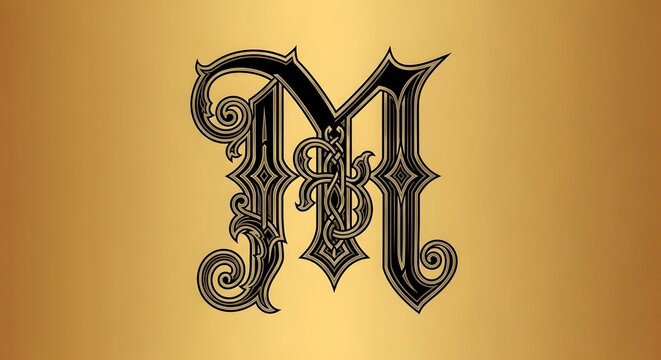 Ornate Decorative Letter M Monogram Featuring Intricate Black Calligraphic Flourishes on a Gradient Gold Background