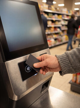 Close-up of a hand tapping a card on a self-checkout payment terminal in a supermarket. Cashless retail transaction concept with shallow depth of field