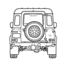 Car Offroad Classic rear view with spare tire, detailed line art, bold black outline, symmetrical design, isolated on white © CIPTACAN