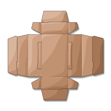 A detailed illustration of a flattened cardboard box template, showing all its folds and tabs for assembly.