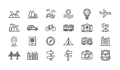 Travel adventure line icons set with nature transport and city symbols minimal outline vector collection © Lipi