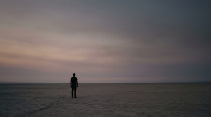 Fototapeta premium Lone figure stands silhouetted against a vast, desolate landscape under a moody, overcast sky