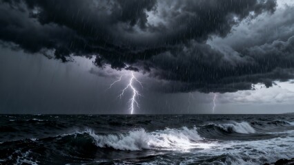Fototapeta premium Dramatic Lightning Strike Over Dark Stormy Ocean