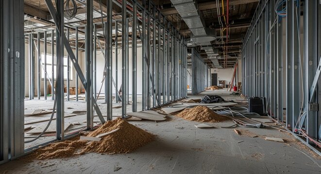Interior commercial building construction with metal stud wall framing