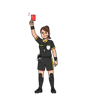 female referee holding red card in sports match vector illustration
