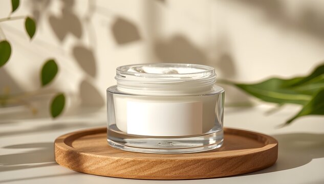 Face cream round container display with botanical shadow and plain white sticker on the front