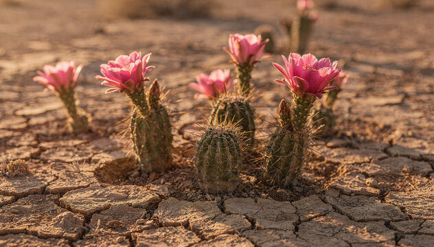 Vibrant pink cactus flowers bloom on resilient desert plants, thriving in cracked, dry earth under warm, natural light, symbolizing perseverance and life