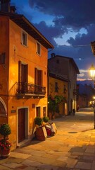 Fototapeta premium A serene evening scene of a narrow street lined with warmly lit buildings