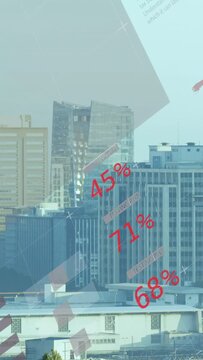 Vertical video: City skyline holding, data bars entering left, animating gauges rates for finance