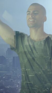 Vertical video: Arm lowering singer singing camera pulling to show city overlay over duo for music