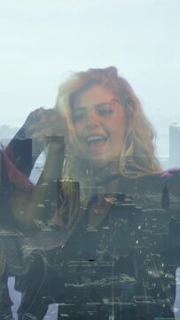 Vertical video: Blond music singer moving while male entering to mic singing under city overlay