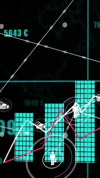 Vertical video: Pink cursor initiating dashboard, teal bars rising, lines tracing, showing network