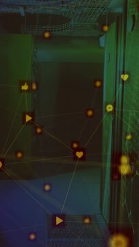 Vertical video: Frames advancing causing AR network overlaying hall, showing media icons clustering
