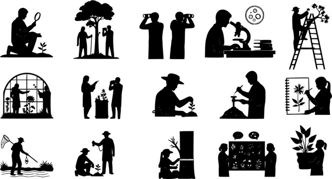 Collection of black silhouette icons depicting botanists and scientists studying various plants, leaves, and trees with, isolated on white background
