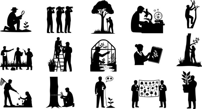 Collection of black silhouette icons depicting botanists and scientists studying various plants, leaves, and trees with, isolated on white background
