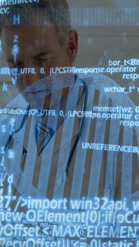 Vertical video: Doctor holding phone reading medical data as DNA helix and code flowing over face