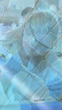 Vertical video: Lab worker selecting tip, pipetting into wells for testing, with animated overlays