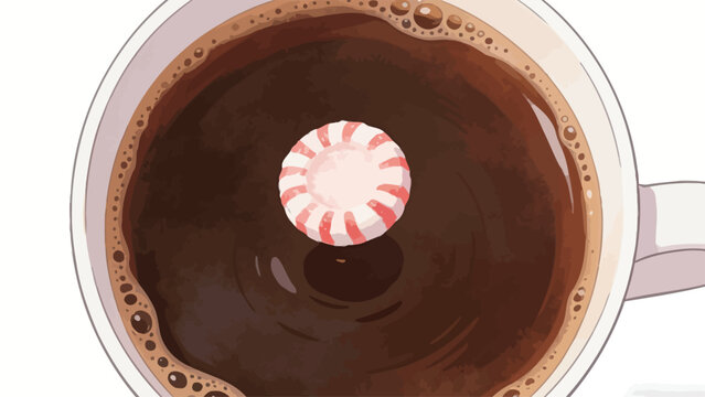 Top-down illustration of a white ceramic mug filled with black coffee, with a single red and white striped peppermint candy floating on the surface