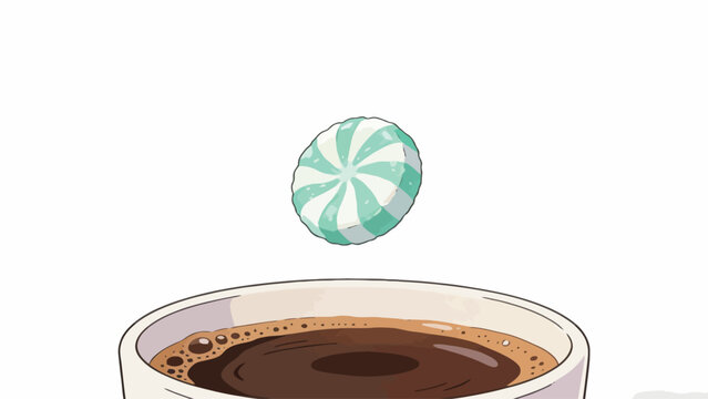 A Moment Before: A Mint Striped Peppermint Candy Falling Toward a Frothy Cup of Black Coffee in a Clean Minimalist Illustration