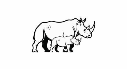 Fototapeta premium A black and white illustration of a mother and baby rhinoceros standing together