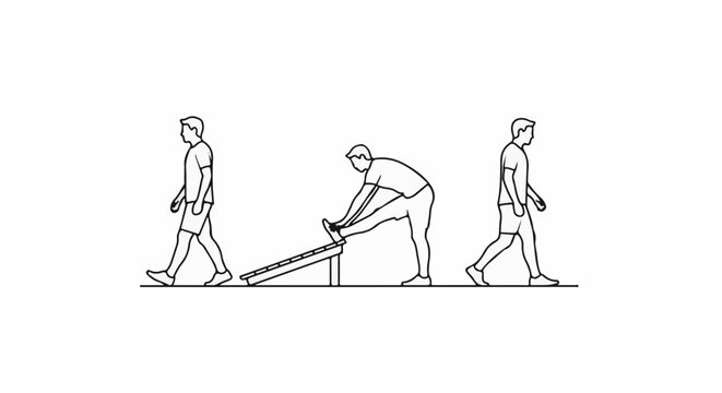 Three men engaged in different fitness activities walking and stretching on a bench