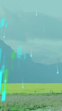 Yellow dash appearing on ridge sparking cyan bars falling over field for farms while figure staying