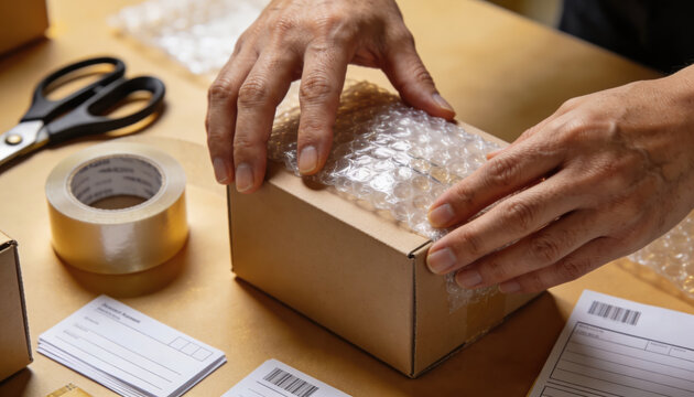 Hands carefully pack bubble wrap inside brown cardboard box on wooden table. Thoughtful packaging assures item safety, ensuring reliable delivery