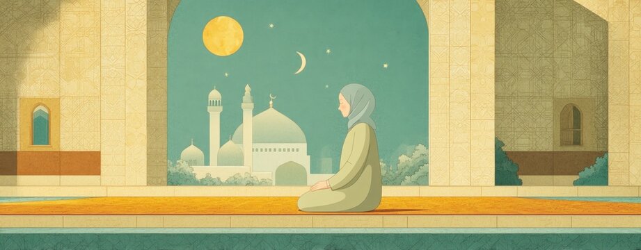 Serene woman in modest attire praying inside a beautiful mosque with a view of the moon and stars in the night sky family storytelling religion tradition ritual