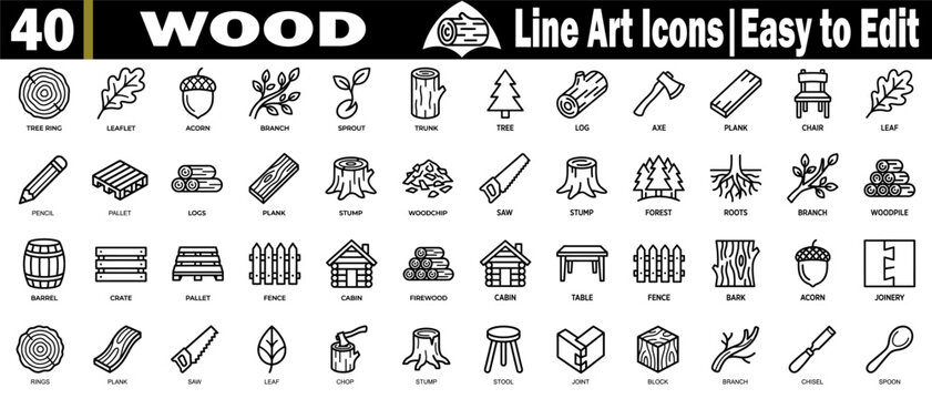 Wood line art icons set. Collection of timber tree trunk, branch leaf, sprout stump, log, axe, plank, chair, pencil, pallet, wood chip, saw, forest roots, woodpile, barrel, crate, vector illustration.
