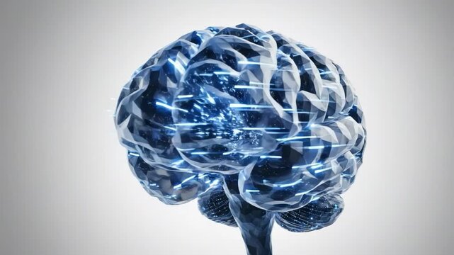 Digital brain with blue data streams and light bursts