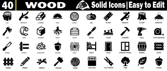 Woodwork solid icons set, including lumber, saw grain, log plank, branch stump, sawdust, axe chip, joinery, root crate, chisel, plane, hammer, drill, tape measure, door, vector illustration. © Logo Solution