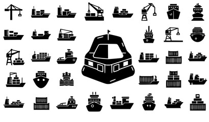 Minimal maritime shipping icon set cargo ship crane tugboat vector isolated on white background © Sifat