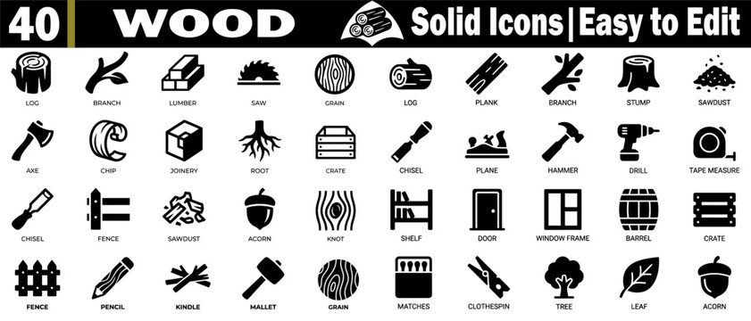 Woodwork solid icons set, including lumber, saw grain, log plank, branch stump, sawdust, axe chip, joinery, root crate, chisel, plane, hammer, drill, tape measure, door, vector illustration.