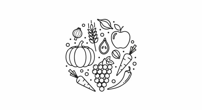 A circular arrangement of simple line drawings of fruits and vegetables