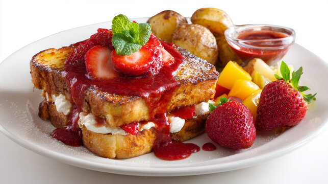 NO PLATE, French toast sandwich with strawberry and small amount of cream cheese topped with strawberry coulis. Served with a fruit bowl and breakfast potato.